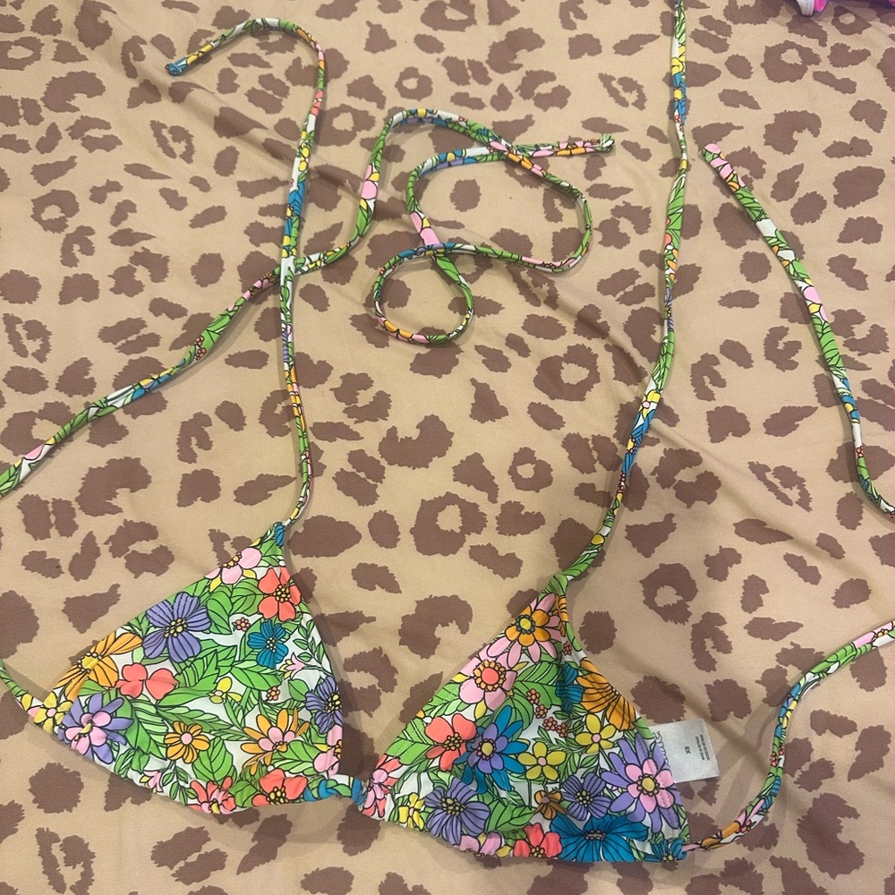 neon trippy Floral Triangle Bikini Top with extra long wrap bottom strap - Picture 6 of 12